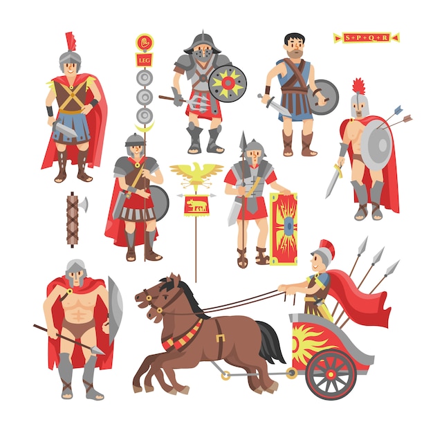 Gladiator vector romeinse krijger man karakter in harnas met zwaard of wapen en schild in het oude rome illustratie historische set van griekse mensen warrio gevechten in oorlog geïsoleerd op witte achtergrond