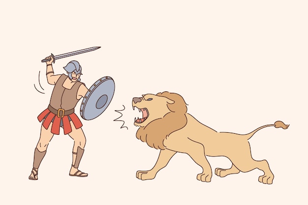 Vector gladiator with lion fight concept