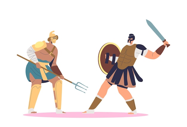 Vector gladiatorgevecht met barbaar op arena twee gewapende krijgers op slagveld spartaanse soldaten vallen aan