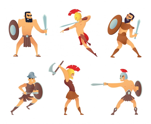 Gladiators holding swords. Fighting characters in action poses