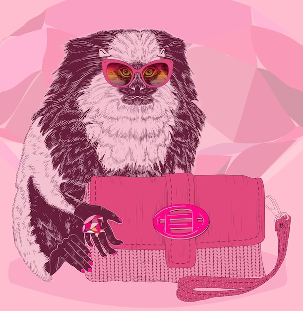 분홍색 가방을 든 매력적인 패션 마모셋