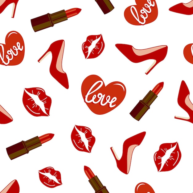 Vector glamorous fashion pattern with womens shoes, lipstick, kisses. design for the beauty industry, advertising, valentines day