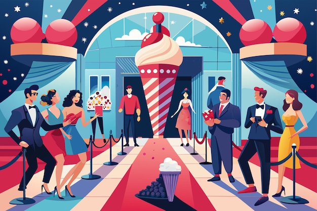 魅力的なアイスクリーム社交イベント 赤いカーペットの入り口と有名人のゲスト