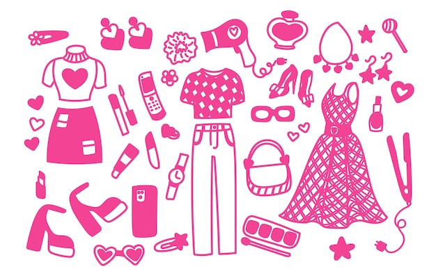 Glamorous trendy pink stickers set Nostalgic barbiecore 2000s style collection