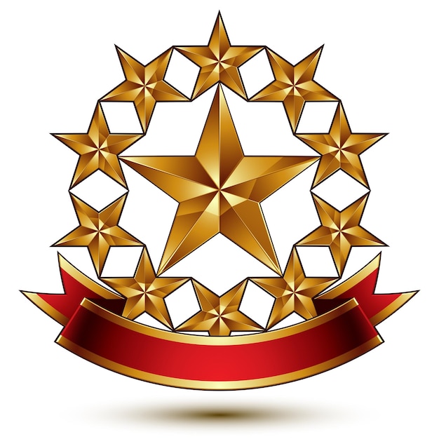 Glamorous vector template with pentagonal golden stars, best for use in web and graphic design. Conceptual heraldic icon with red curved ribbon, clear eps8 vector.