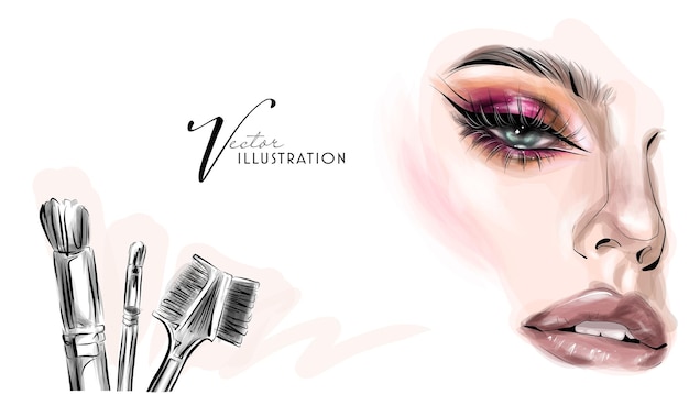 Vector glamour girl makeup fashion illustration. stylish art sketch. beauty and style vector drawing.