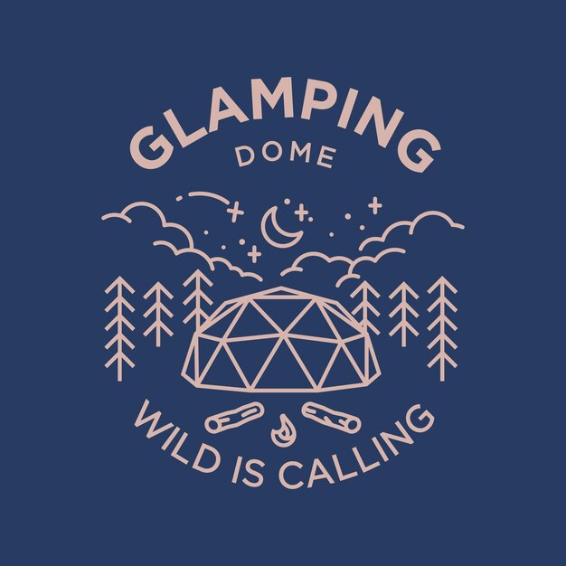 Vettore glamping campo dome vintage monoline illustrazione vettoriale