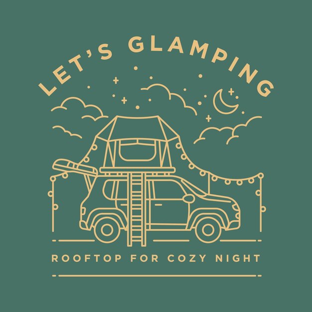 Glamping camp rooftop car tent vintage monoline vector illustration