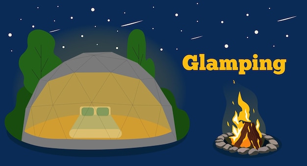 Glamping.Circle 모양, 텍스트 생태 관광 편안한 텐트, 유리 및 버블 하우스. 캠프 근처 의자