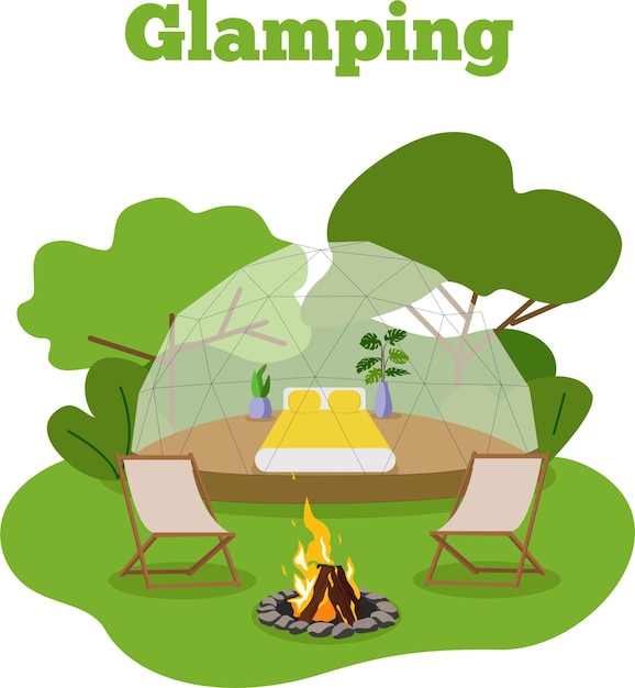 Glamping.Circle shape, text eco tourism Comfortable tents, glass and bubble houses. chairs near camp