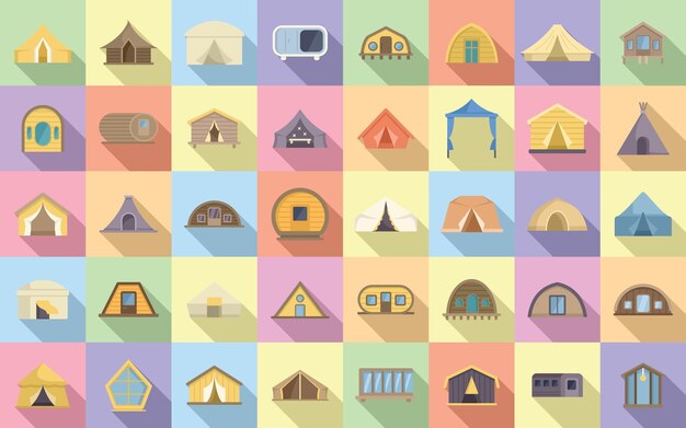 Glamping iconen set plat vector Tentavontuur Bonfire gezellig