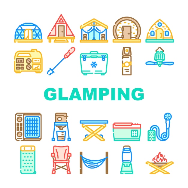 glamping tent nature luxury tipi icons set vector forest africa barbecue glamour camp campfire bubble chair beach vacation glamping tent nature luxury tipi color line illustrations