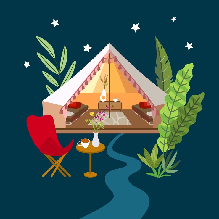 Glamping vector illustration Beautiful picture with marquee and tropical flora