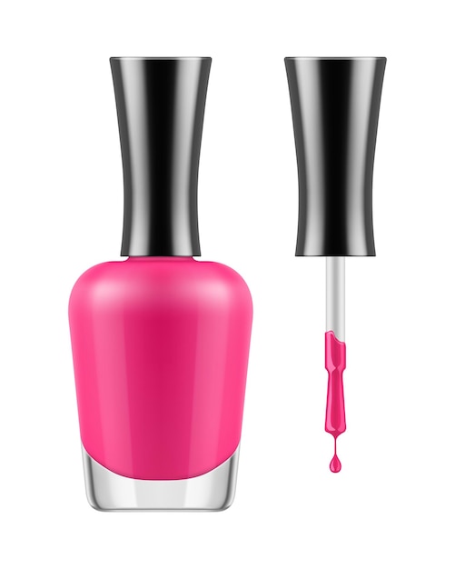 Glansende roze nagellak open transparante glazen fles met zwarte dop en borstel realistische container met cosmetica voor glamour manicure vector icoon illustratie geïsoleerd op witte achtergrond