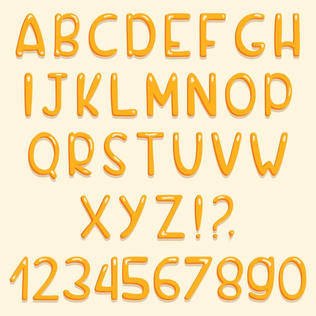 Glanzend lettertypeontwerp. gele letters en cijfers van abc.