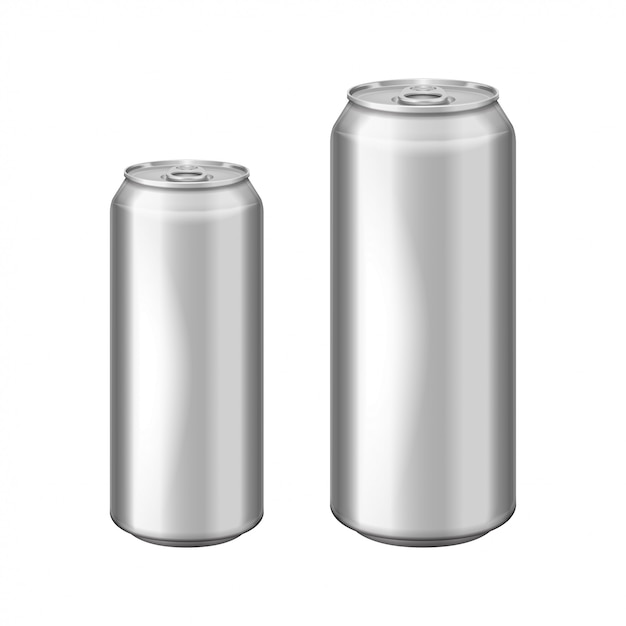 Vector glanzend metaal zilver aluminium bierblikje. kan worden gebruikt voor alcohol, energiedrank, frisdrank, frisdrank, koolzuurhoudende pop, limonade, cola. realistische sjabloon set