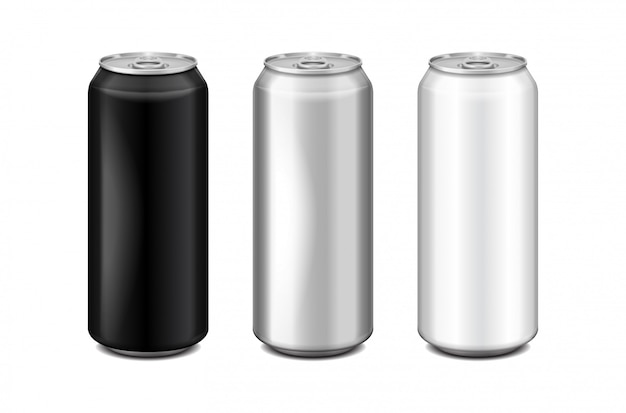 Glanzend metalen zilver, wit en zwart aluminium bierblikje. Kan worden gebruikt voor alcohol, energiedrank, frisdrank, frisdrank, koolzuurhoudende pop, limonade, cola. realistische sjabloon set
