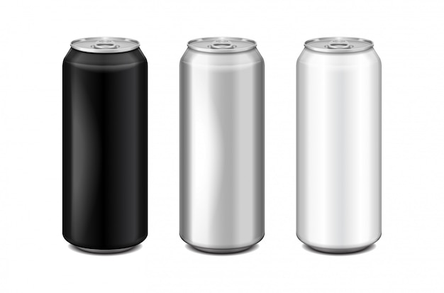 Glanzend metalen zilver, wit en zwart aluminium bierblikje. Kan worden gebruikt voor alcohol, energiedrank, frisdrank, frisdrank, koolzuurhoudende pop, limonade, cola. realistische sjabloon set