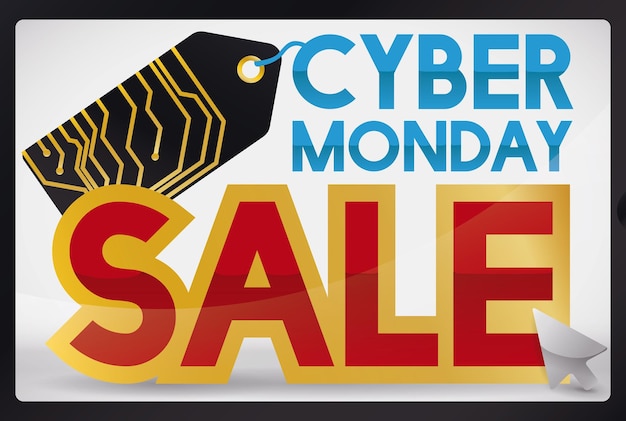 Glanzend scherm van elektronisch apparaat met promo van Cyber Monday met tekst en tag met circuitlijnen