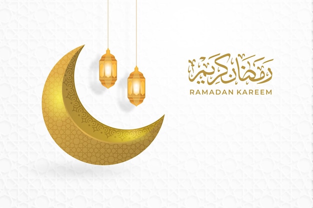 Glanzende gouden maan op witte achtergrond met arabische kalligrafie Ramadan Kareem voor moslimgemeenschap festival Ramadan Kareem