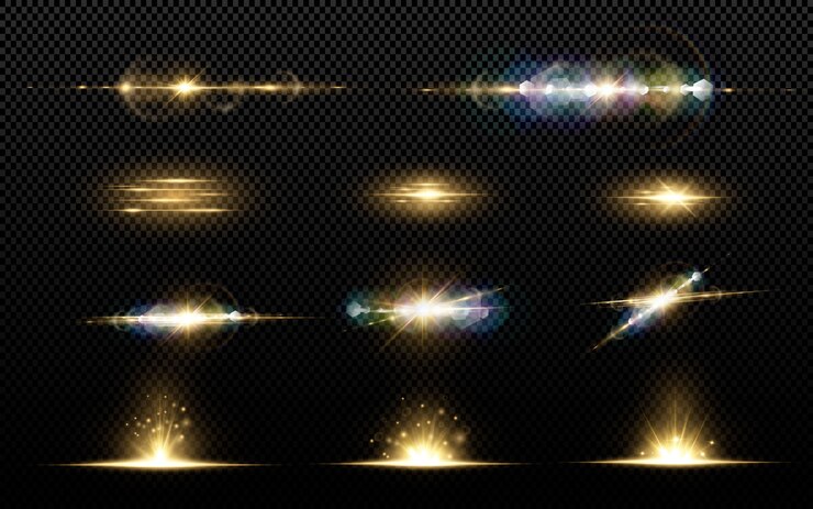 Glanzende gouden sterren die op zwarte achtergrond worden geïsoleerd. Effecten, lensflare, glans, explosie, gouden licht, set. Stralende sterren, prachtige gouden stralen. .