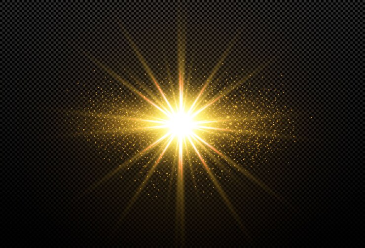 Glanzende gouden sterren die op zwarte achtergrond worden geïsoleerd. Effecten, lensflare, glans, explosie, gouden licht, set. Stralende sterren, prachtige gouden stralen. .