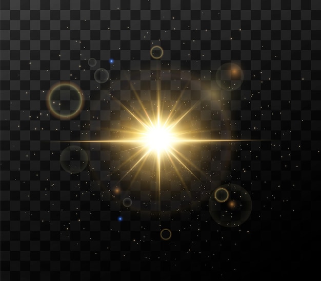 Glanzende gouden sterren geïsoleerd op zwarte achtergrond. effecten, lensflare, glans, explosie, gouden licht, set. stralende sterren, prachtige gouden stralen.