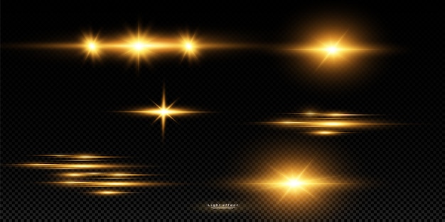 Glanzende gouden sterren op zwarte achtergrond. effecten, schittering, lijnen, glitter, explosie, gouden licht. illustratie. instellen.