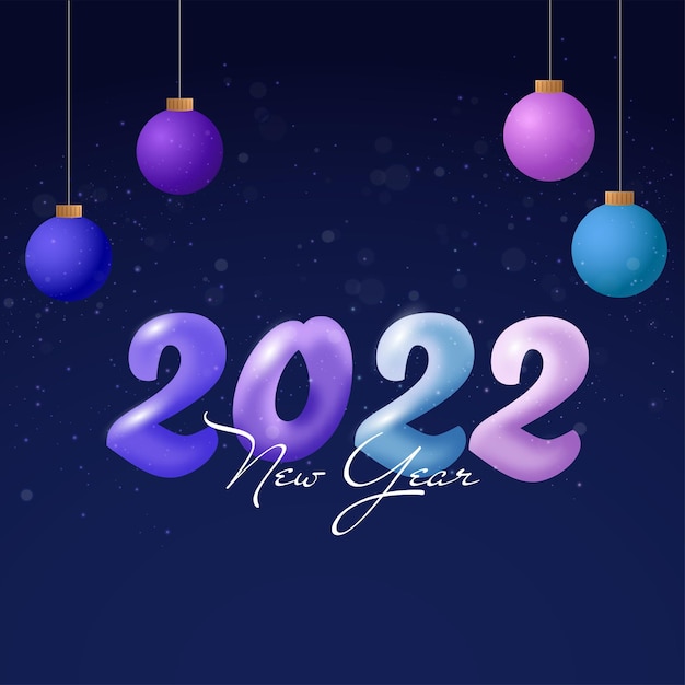 Glanzende gradiënt 2022 nummer en 3d-snuisterijen hangen op blauw lichteffect achtergrond.