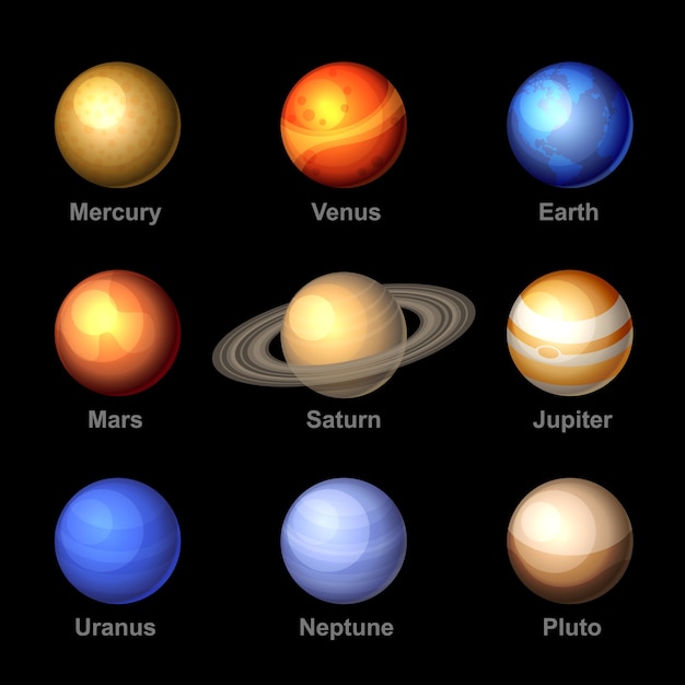 Vector glanzende kleur planeten van zonnestelsel pictogrammen.