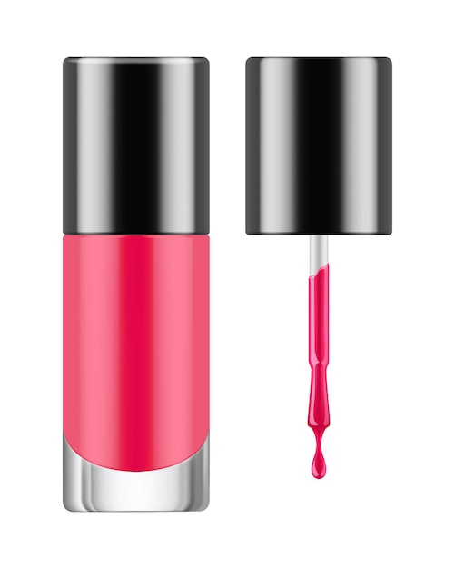 Glanzende rode nagellak Open transparante glazen fles met zwarte dop en borstel Realistische container met cosmetica voor glamour manicure Vectorpictogramillustratie geïsoleerd op witte achtergrond