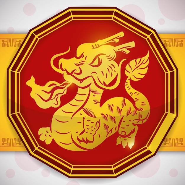 Glanzende rode twaalfzijdige knop met een gouden vorm van een draak die vuur gooit voor de Chinese dierenriem