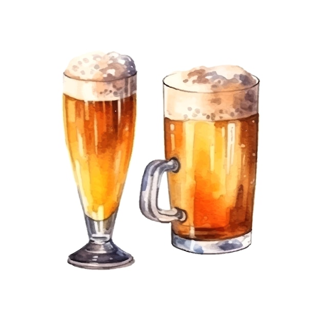 Glas bier in aquarel stijl op witte achtergrond voor menu