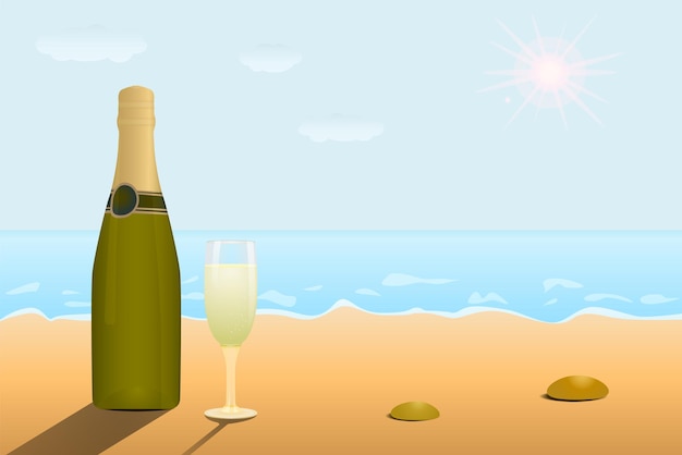 Glas champagne en een volle fles op het zand aan zee. Zandig zomerstrand in de zon.