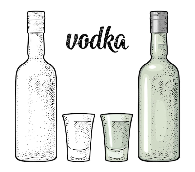 Vector glas en fles kalligrafisch handschrift belettering wodka vintage vectorgravure