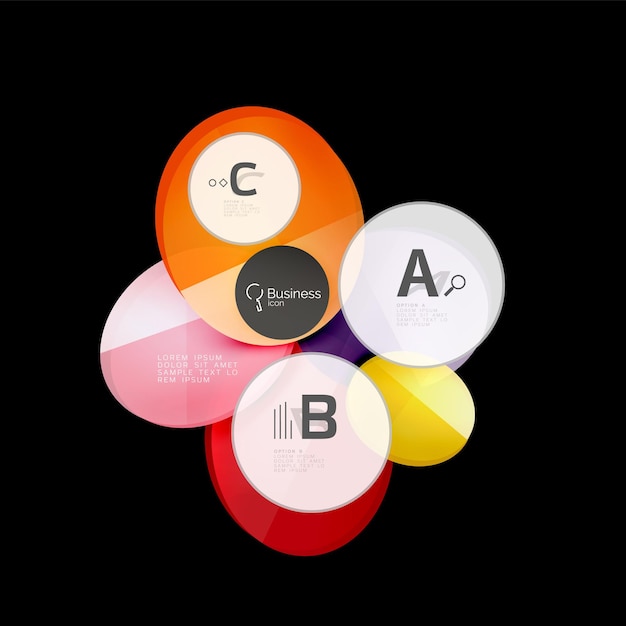 Glas kleur cirkels infographic elementen op zwarte abstracte achtergrond