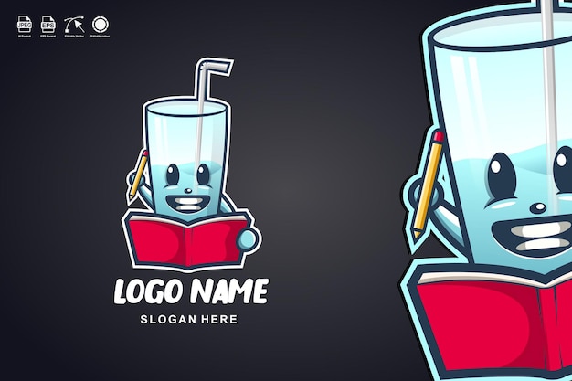 Glas lees boek schattig mascotte karakter logo ontwerp