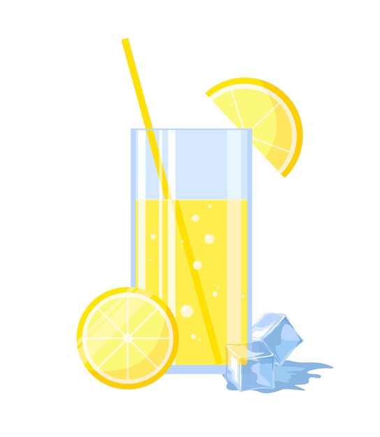 Glas limonade met schijfjes citroen en stro en ijsblokjes. vector illustratie