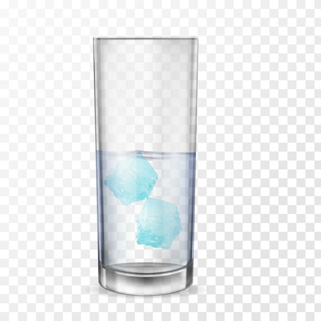 Glas met alcohol of water en twee ijsblokjes.