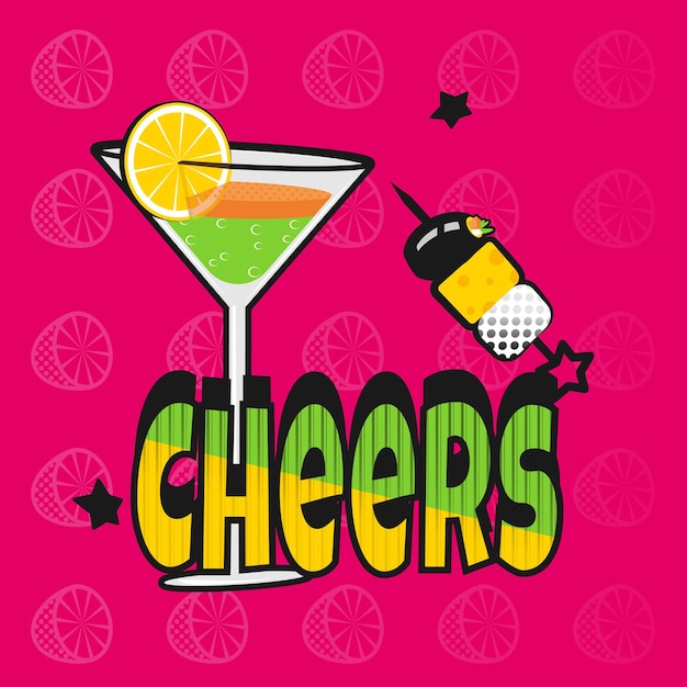 Glas met cocktail en canapé cheers party pop-art stijl vectorillustratie