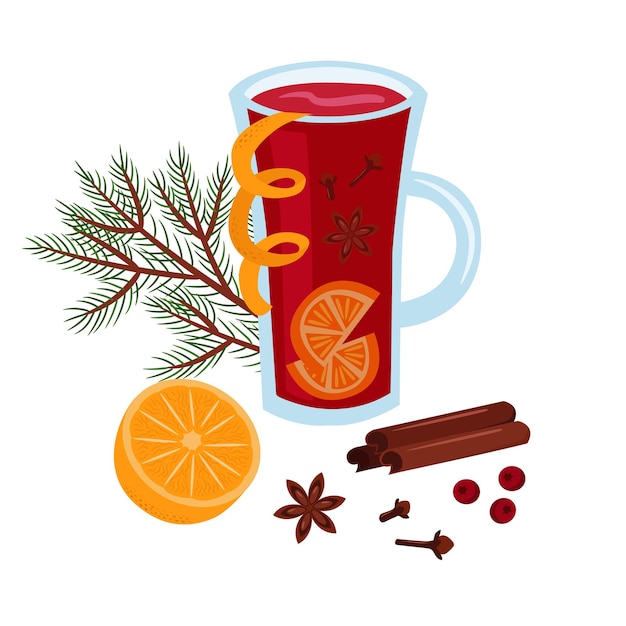 Glas met warme wijn vector illustratie Winter warme drank sinaasappel specerijen