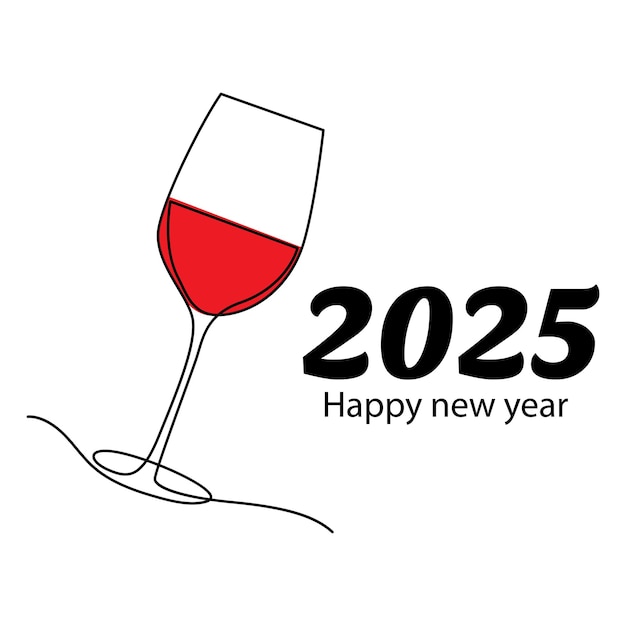 glas rode wijn 2025 gelukkig nieuwjaar continue omtrek geïsoleerd op witte achtergrond