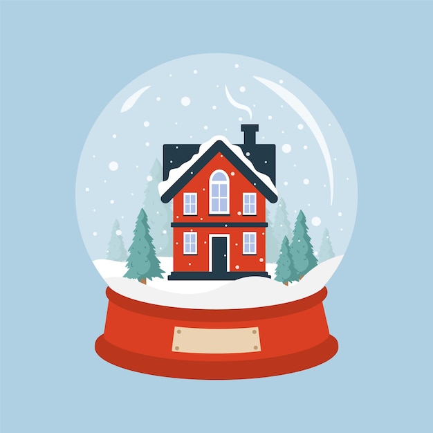 Vector glas sneeuwbol met gezellig huis kerstmis decoratieve bal met winterlandschap