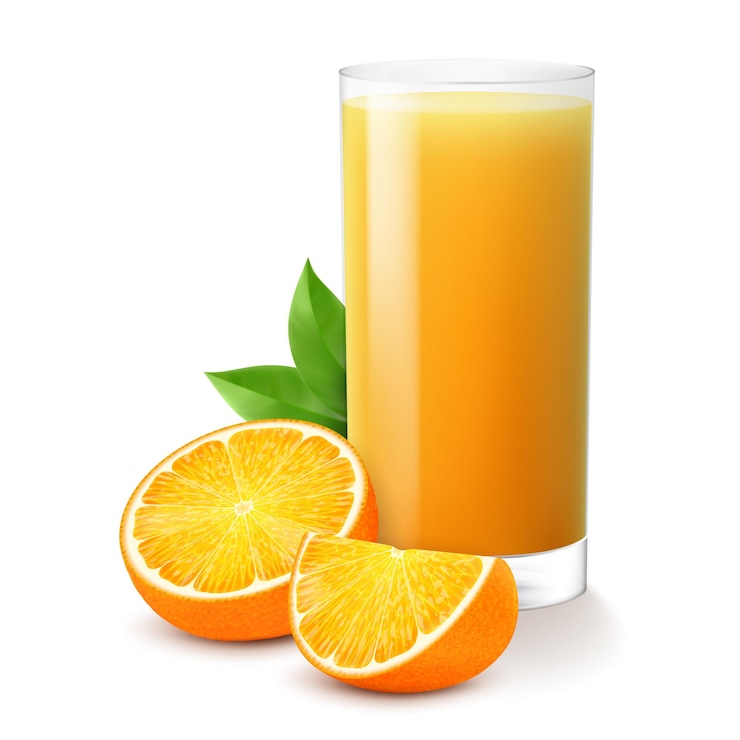 Vector glas verse jus d'orange sappige citrus met bladeren geïsoleerd op een witte achtergrond smoothies van sinaasappel realistische 3d vectorillustratie voor reclame voor uw producten