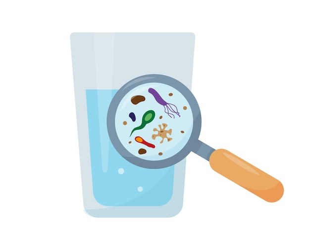 Glas water en vergrootglas Verschillende bacteriën en vuil water in vergrootglas Filtratie