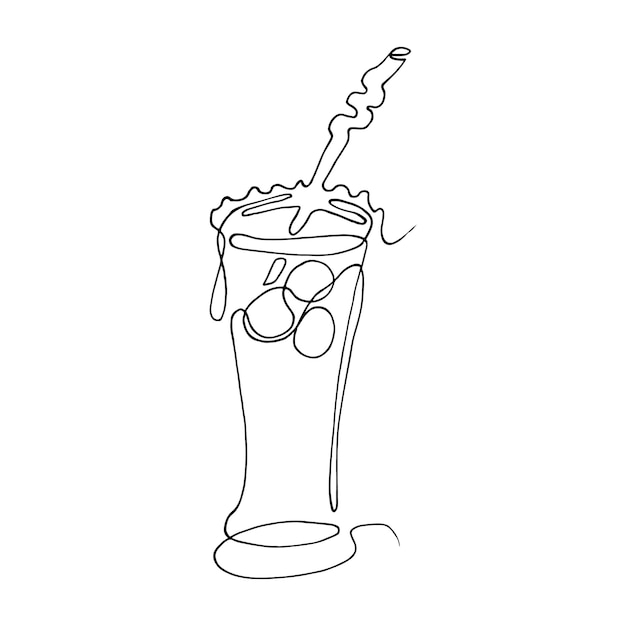 Glas water met ijscocktail zomerdrankje met een rietje om te drinken Continu één lijntekening exotisch fruit lineart vectorillustratie