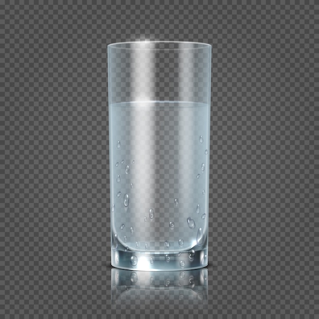 Glas water op transparante geruite vectorillustratie wordt geïsoleerd die als achtergrond. beker met duidelijke fres