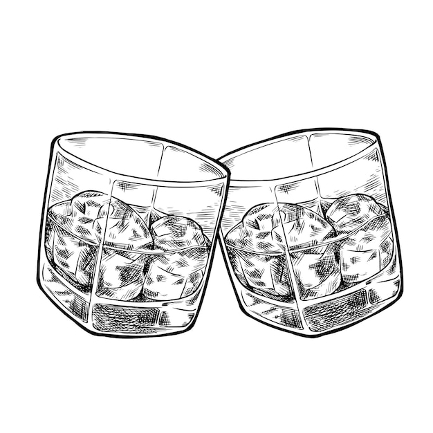 Glas whisky met ijs Ink schets geïsoleerd op een witte achtergrond Hand getrokken vectorillustratie