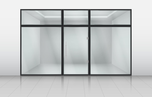 Glas winkeldeuren Winkelfront met raamframe Realistische kantoorbuitenkant of winkelvitrine Uitzicht op winkelmuur Winkelfront gevel Leeg boutique voorzijde Vector 3D neoterisch ontwerp