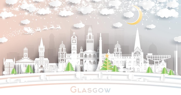 Glasgow Schotland City Skyline in Paper Cut Style met Sneeuwvlokken Maan en Neon Garland